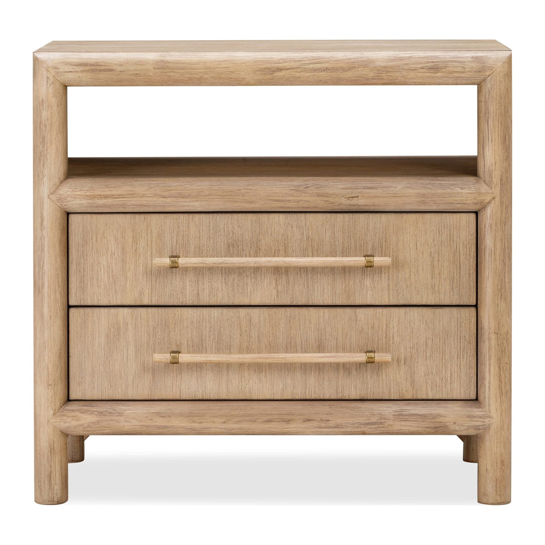 Dorsey Two Drawer USB-Charging Nightstand by Modus in Granola — white background, angled view