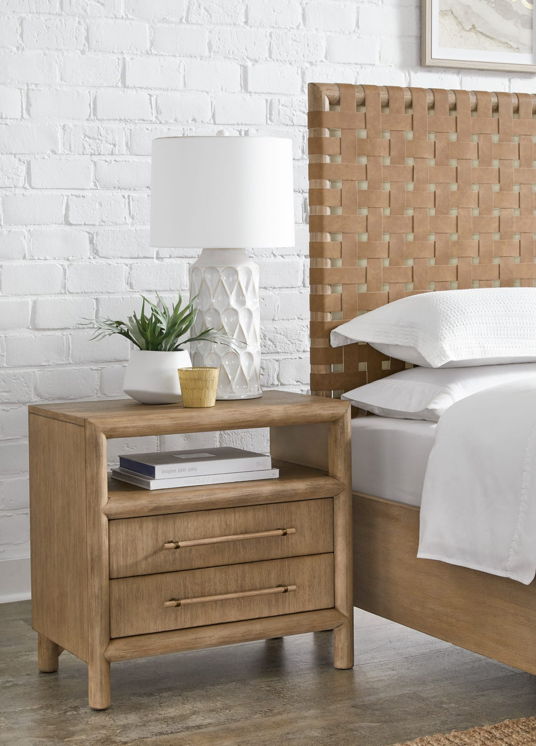 Dorsey Two Drawer USB-Charging Nightstand in Granola beside a Dorsey woven bed