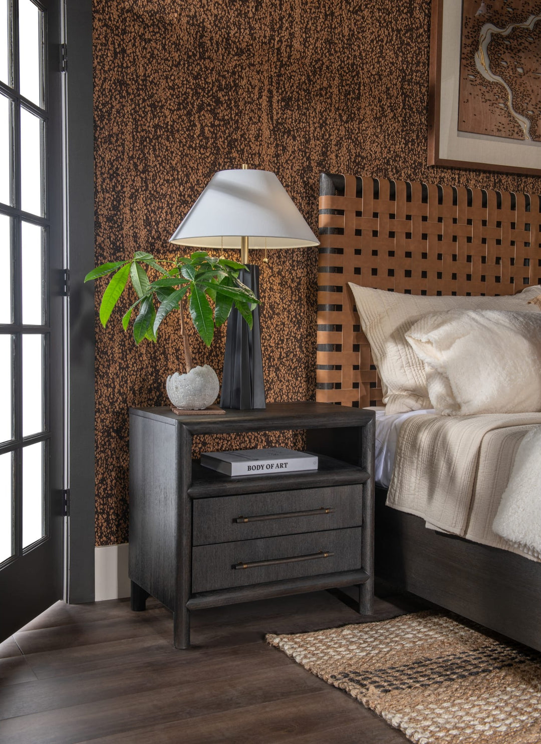 Dorsey Two Drawer USB-Charging Nightstand in Basalt Grey styled at the bedside