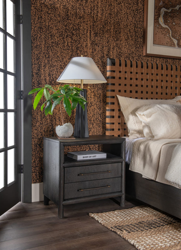 Dorsey Two Drawer USB-Charging Nightstand in Basalt Grey styled at the bedside