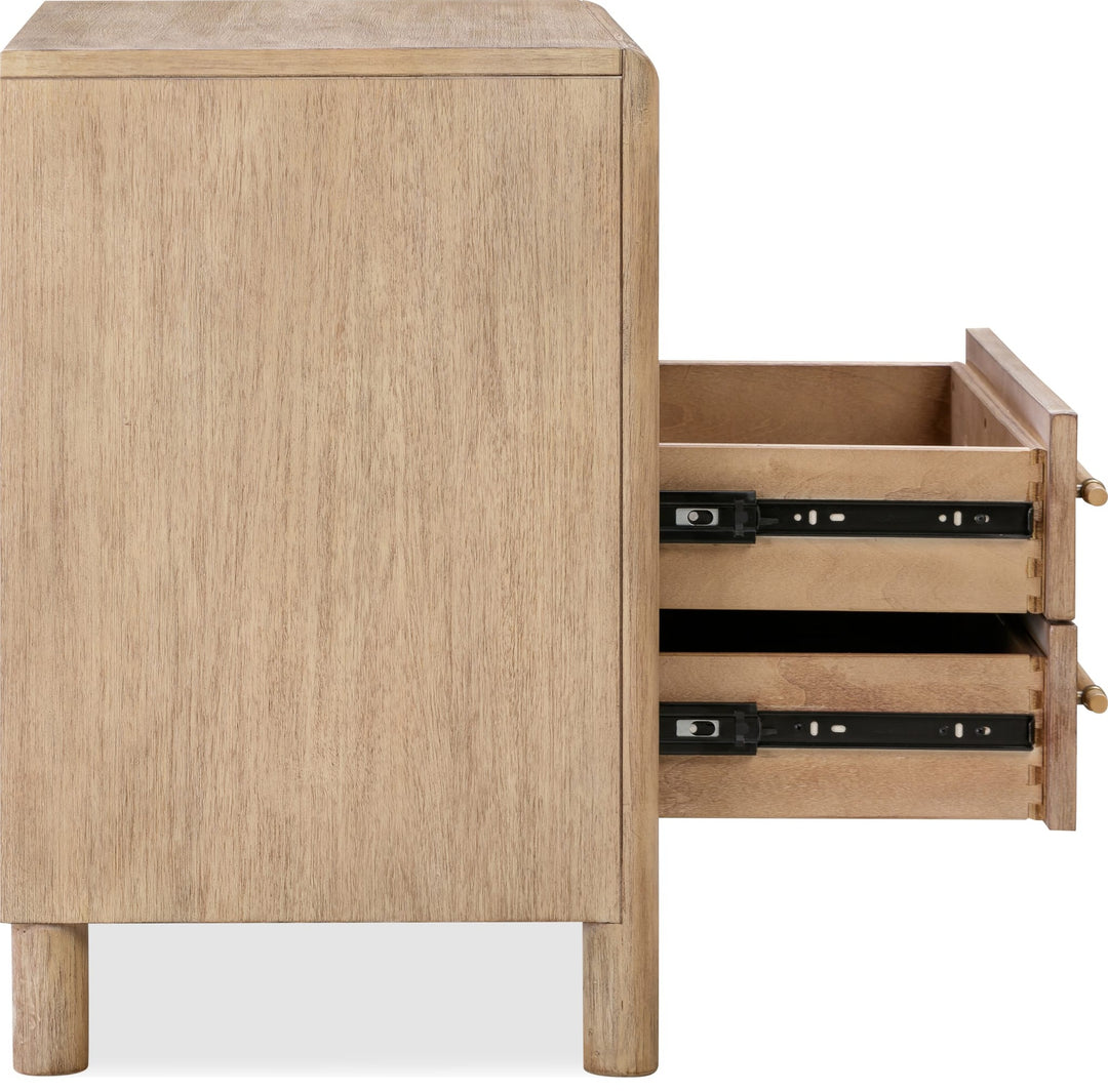 Dorsey Two Drawer USB-Charging Nightstand in Granola — side view with drawers open