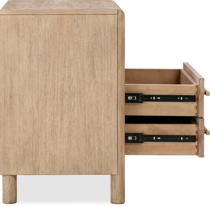 Dorsey Two Drawer USB-Charging Nightstand in Granola — side view with drawers open