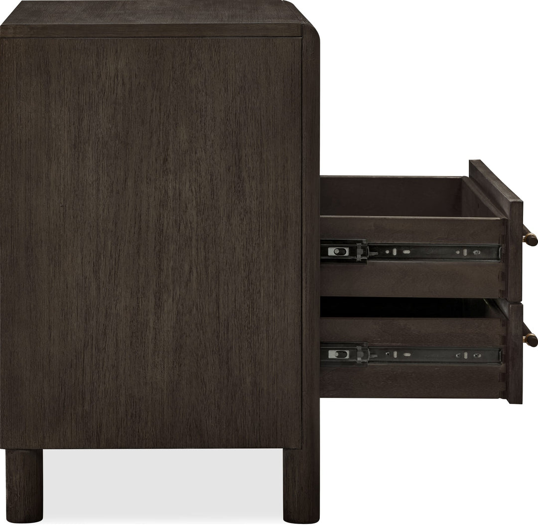 Dorsey Two Drawer USB-Charging Nightstand in Basalt Grey — side view with drawers open