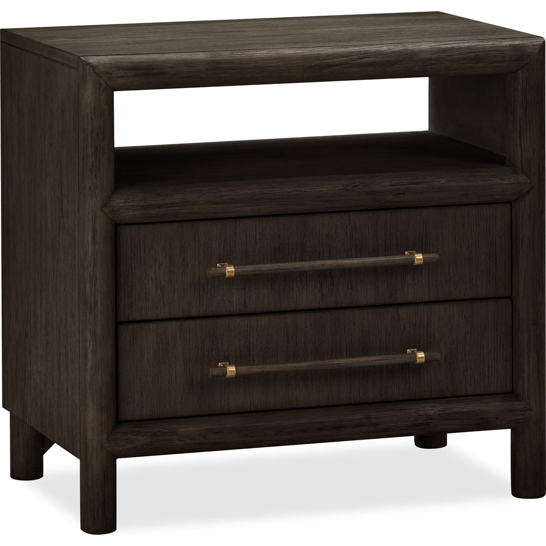 Dorsey Two Drawer USB-Charging Nightstand in Basalt Grey — white background, angled view
