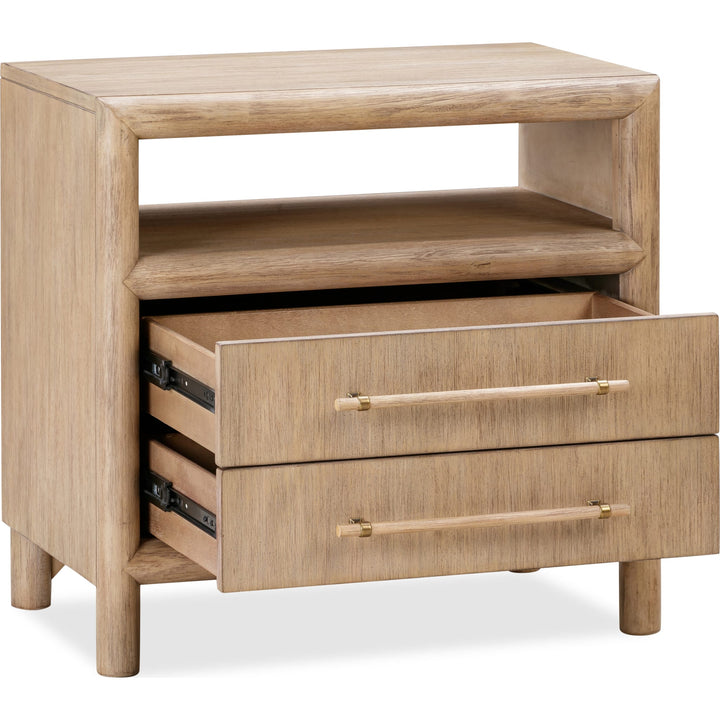 Dorsey Two Drawer USB-Charging Nightstand in Granola — drawers open