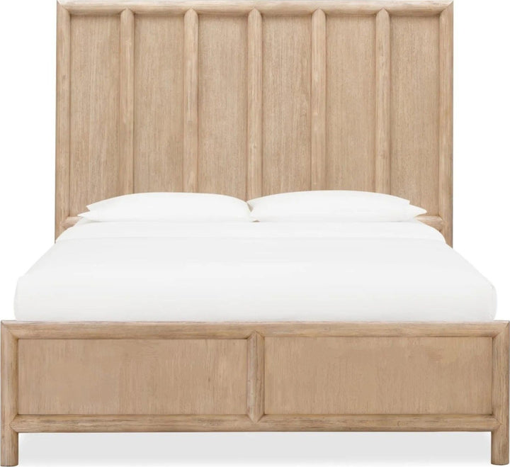 Dorsey Wooden Panel Bed by Modus in Granola — white background, front view with bedding