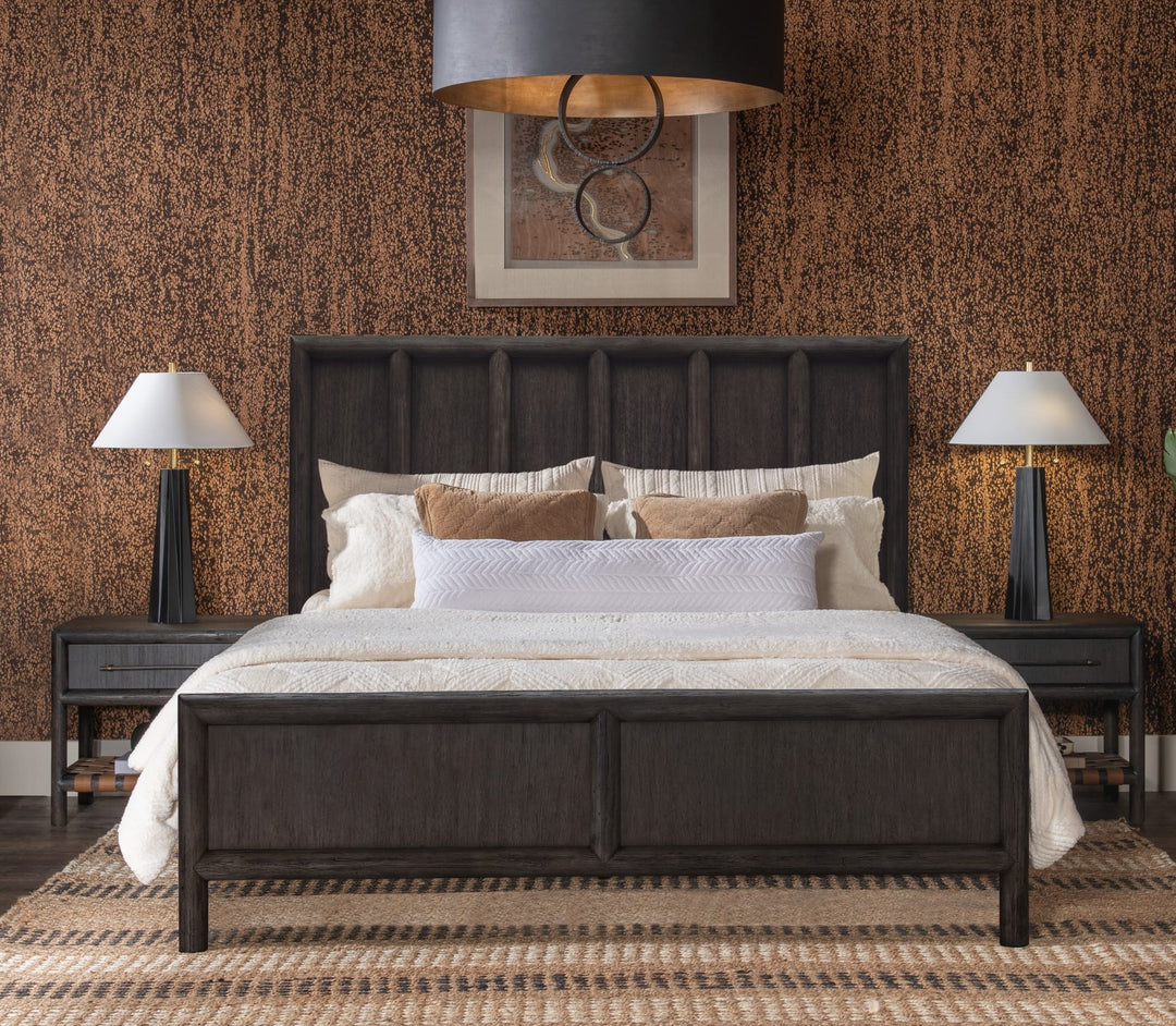 Dorsey Wooden Panel Bed in Basalt Grey styled in a warm-toned bedroom