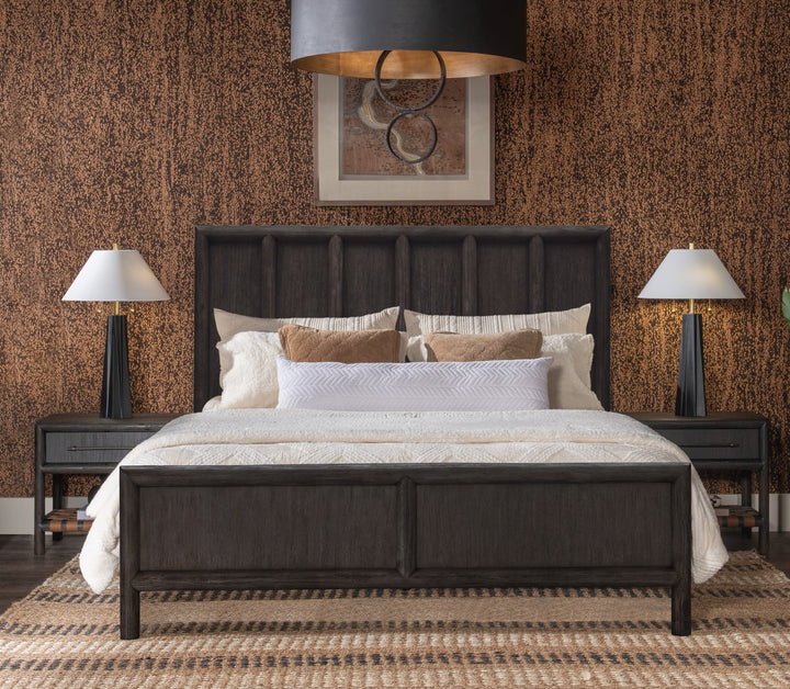 Dorsey Wooden Panel Bed in Basalt Grey styled in a warm-toned bedroom
