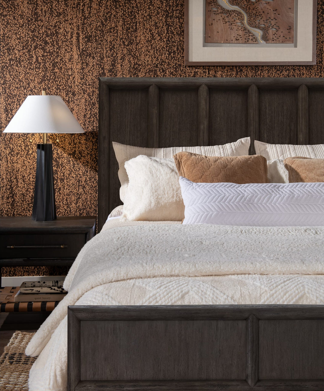 Dorsey Wooden Panel Bed in Basalt Grey — close-up with bedding and nightstand lamp