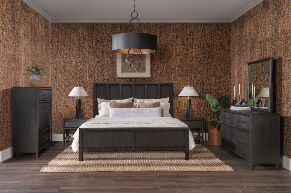 Dorsey Wooden Panel Bed in Basalt Grey in a Dorsey bedroom setting