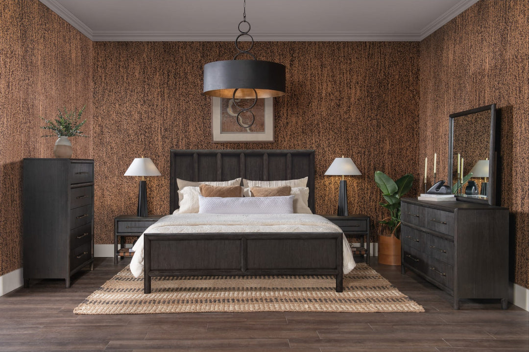 Dorsey Wooden Panel Bed in Basalt Grey in a Dorsey bedroom setting