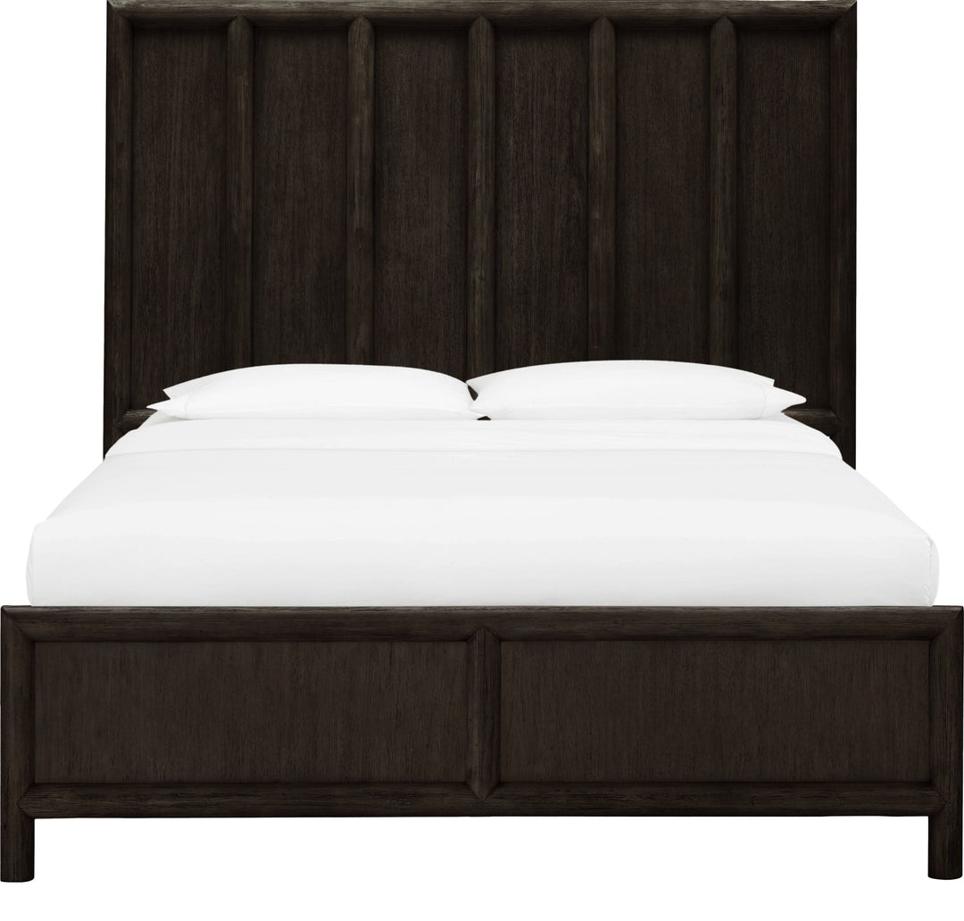 Dorsey Wooden Panel Bed in Basalt Grey — white background, front view with bedding