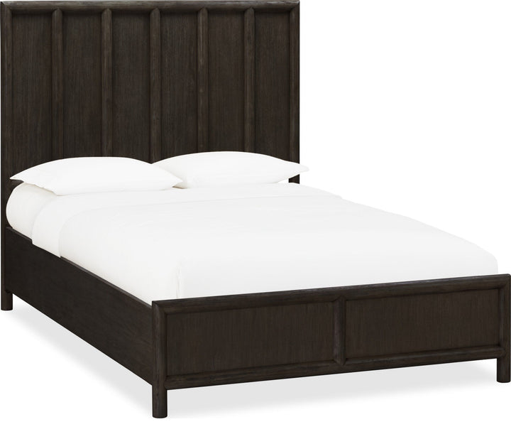 Dorsey Wooden Panel Bed in Basalt Grey — white background, angled view with bedding