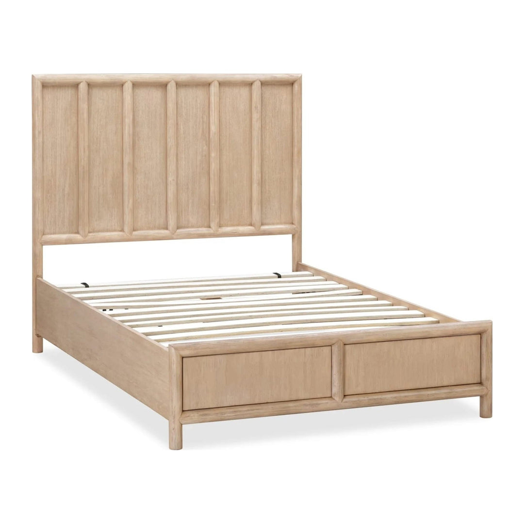 Dorsey Wooden Panel Bed in Granola — angled view showing slat platform