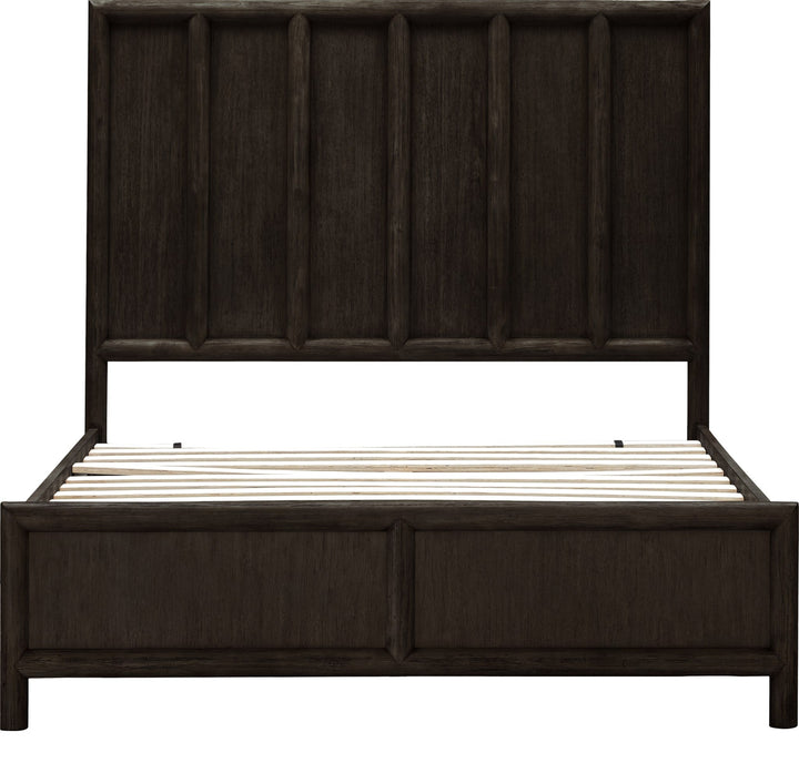 Dorsey Wooden Panel Bed in Basalt Grey — front view without mattress