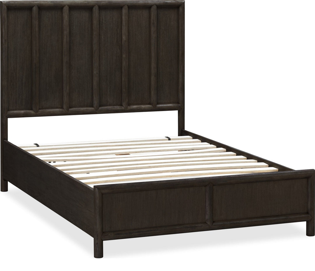 Dorsey Wooden Panel Bed in Basalt Grey — angled view showing slat platform