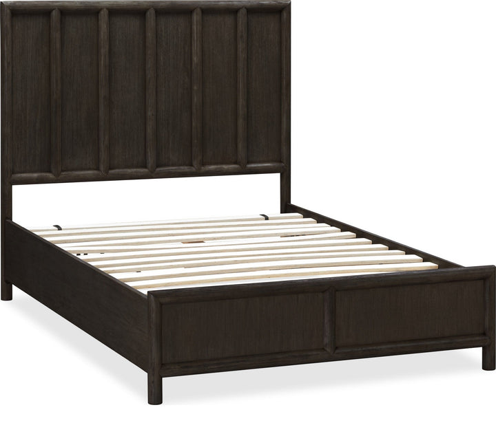 Dorsey Wooden Panel Bed in Basalt Grey — angled view showing slat platform