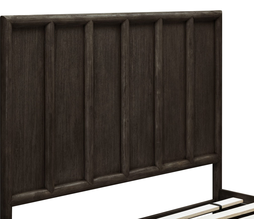 Dorsey Wooden Panel Bed — detail of the vertically grooved headboard in Basalt Grey