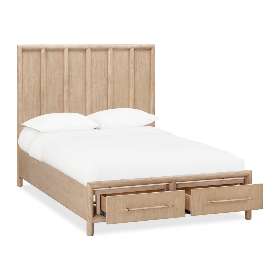 Dorsey Wooden Two Drawer Storage Bed by Modus in Granola — white background, angled view with drawers open