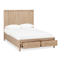 Dorsey Wooden Two Drawer Storage Bed by Modus in Granola — white background, angled view with drawers open