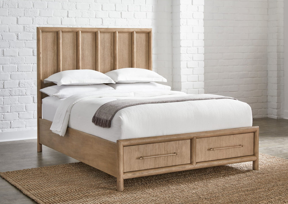 Dorsey Wooden Two Drawer Storage Bed in Granola styled in a bedroom with white brick wall