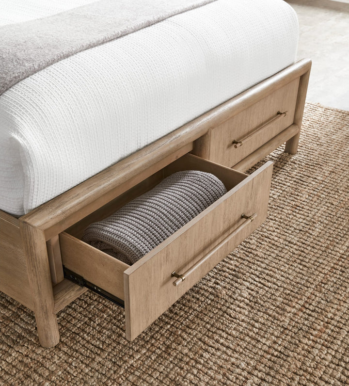 Dorsey Wooden Two Drawer Storage Bed — open underbed storage drawer in a bedroom