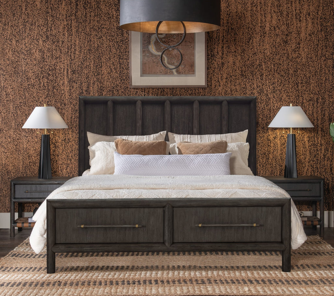 Dorsey Wooden Two Drawer Storage Bed in Basalt Grey styled in a warm-toned bedroom