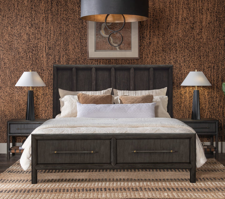 Dorsey Wooden Two Drawer Storage Bed in Basalt Grey styled in a warm-toned bedroom