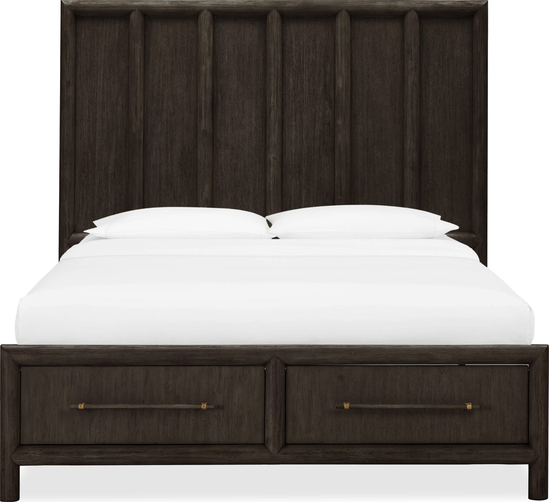 Dorsey Wooden Two Drawer Storage Bed in Basalt Grey — white background, front view with bedding