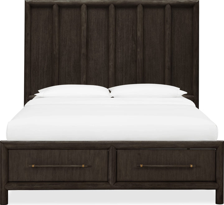 Dorsey Wooden Two Drawer Storage Bed in Basalt Grey — white background, front view with bedding