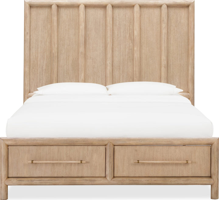 Dorsey Wooden Two Drawer Storage Bed in Granola — white background, front view with bedding
