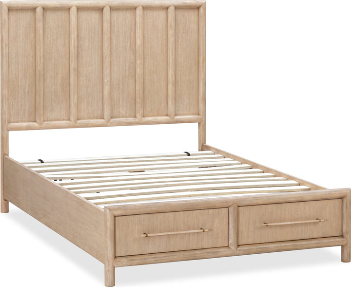 Dorsey Wooden Two Drawer Storage Bed in Granola — angled view without mattress, drawers closed