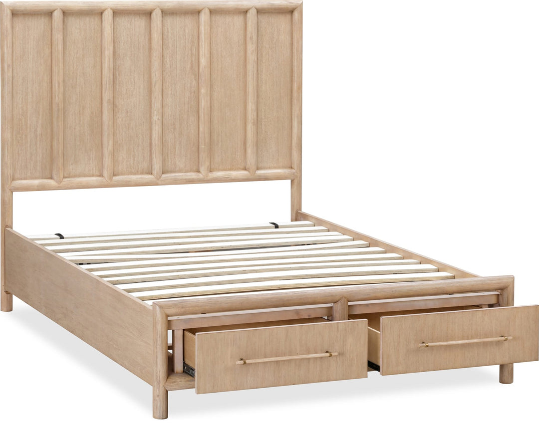 Dorsey Wooden Two Drawer Storage Bed in Granola — angled view without mattress, drawers open
