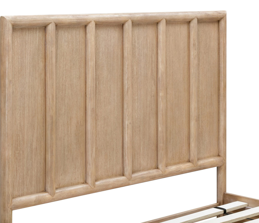 Dorsey Wooden Two Drawer Storage Bed — detail of the vertically grooved headboard