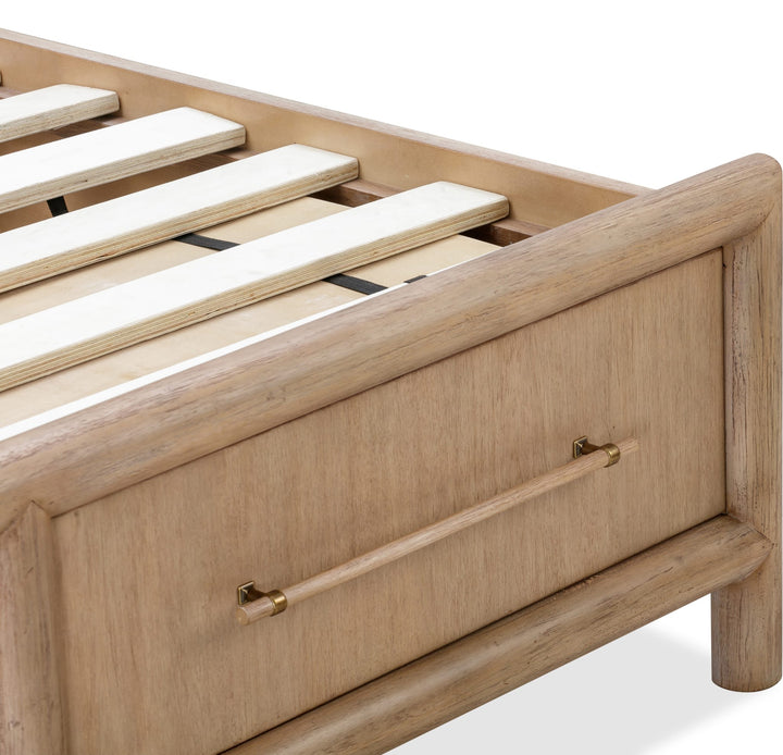Dorsey Wooden Two Drawer Storage Bed — detail of the storage drawer and wooden bar pull