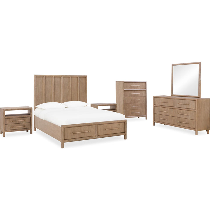 Dorsey Wooden Two Drawer Storage Bed in Granola with Dorsey nightstand, chest and dresser — white background