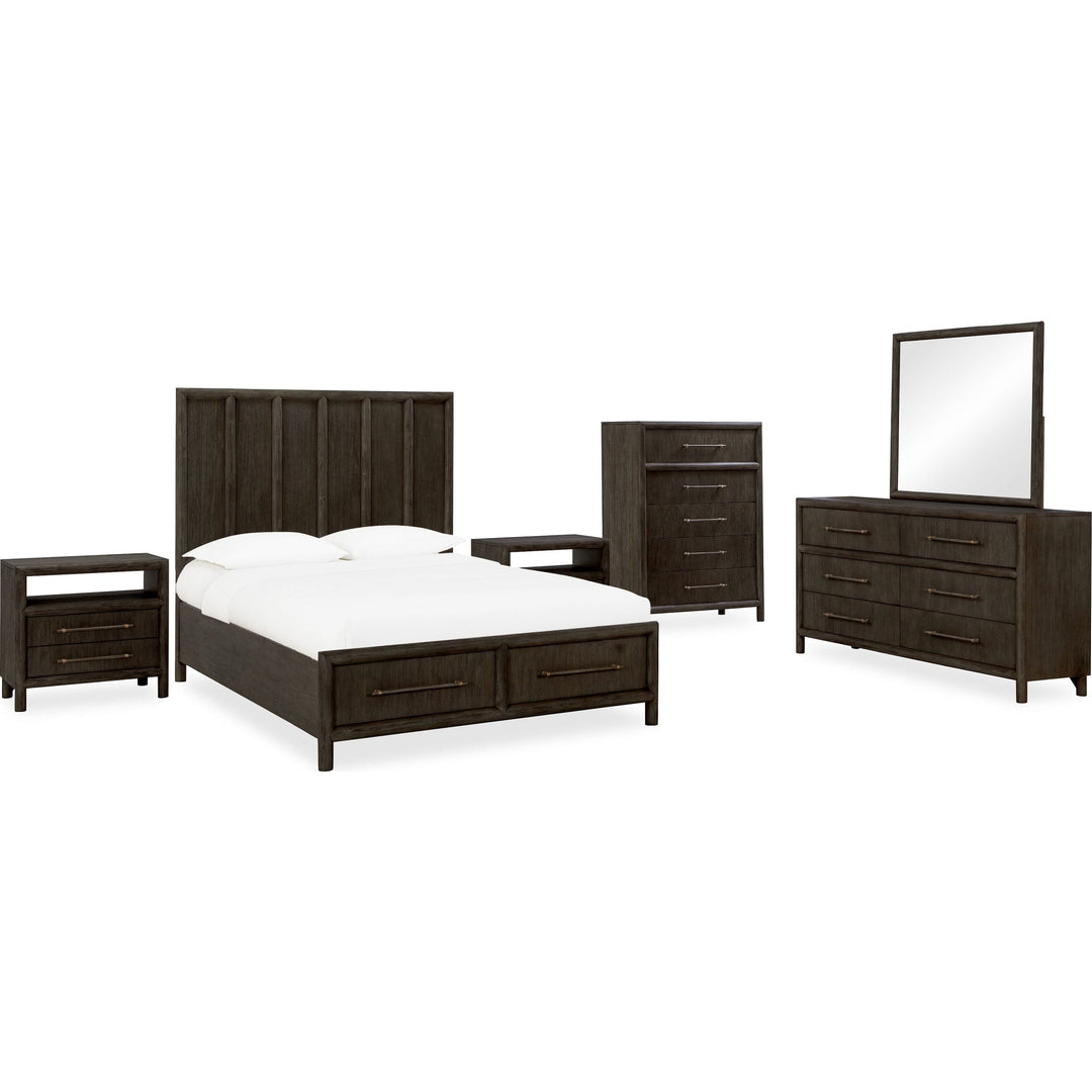 Dorsey Wooden Two Drawer Storage Bed in Basalt Grey with Dorsey nightstands, chest and dresser — white background