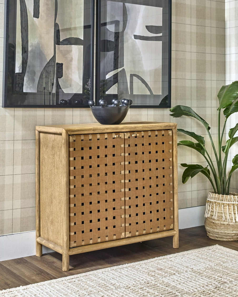Dorsey Woven Bar Cabinet in Granola — lifestyle photo