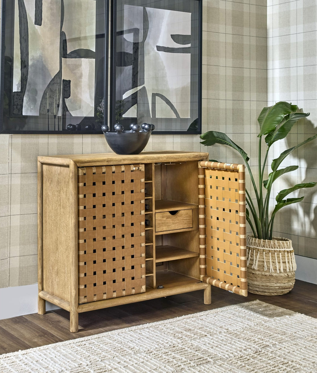 Dorsey Woven Bar Cabinet in Granola — lifestyle photo
