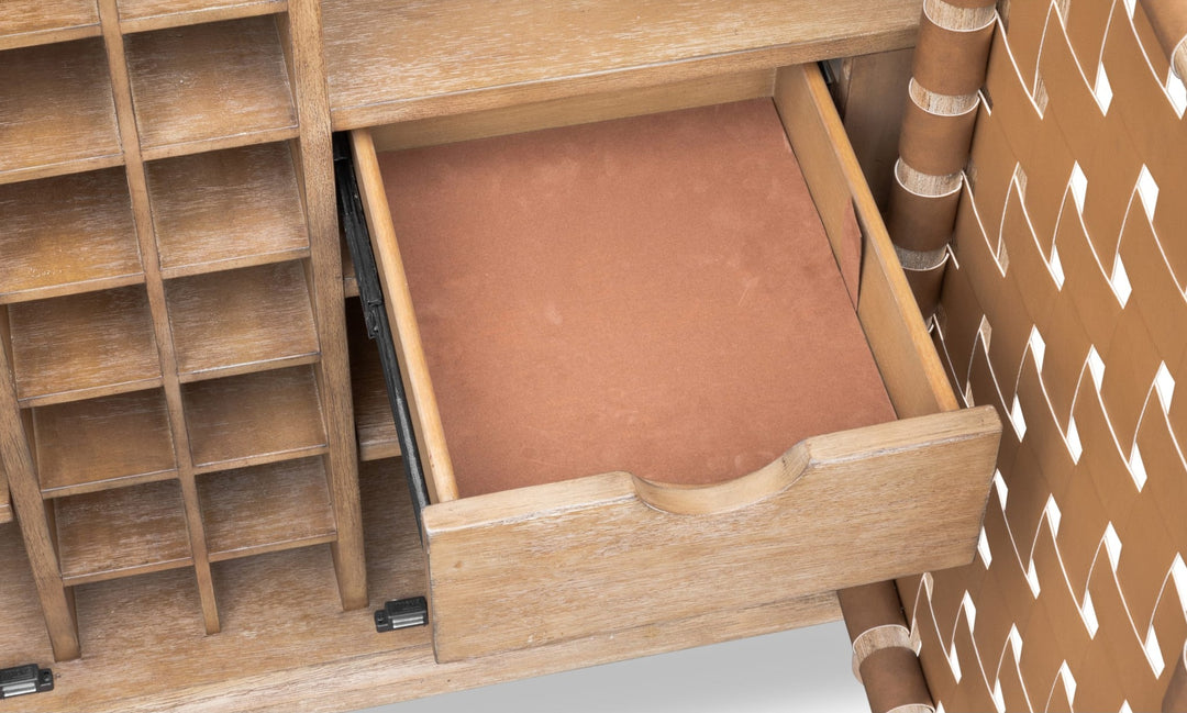 Dorsey Woven Bar Cabinet in Granola — lifestyle photo