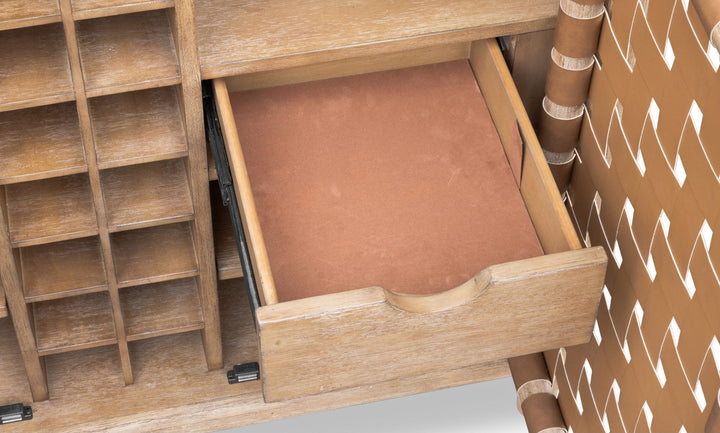 Dorsey Woven Bar Cabinet in Granola — lifestyle photo