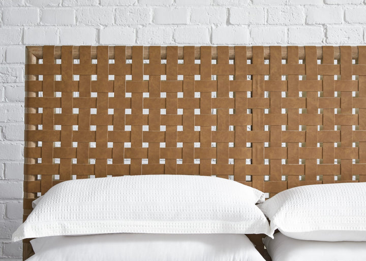 Dorsey Woven Panel Bed — close-up of the hand-woven Ginger synthetic leather headboard