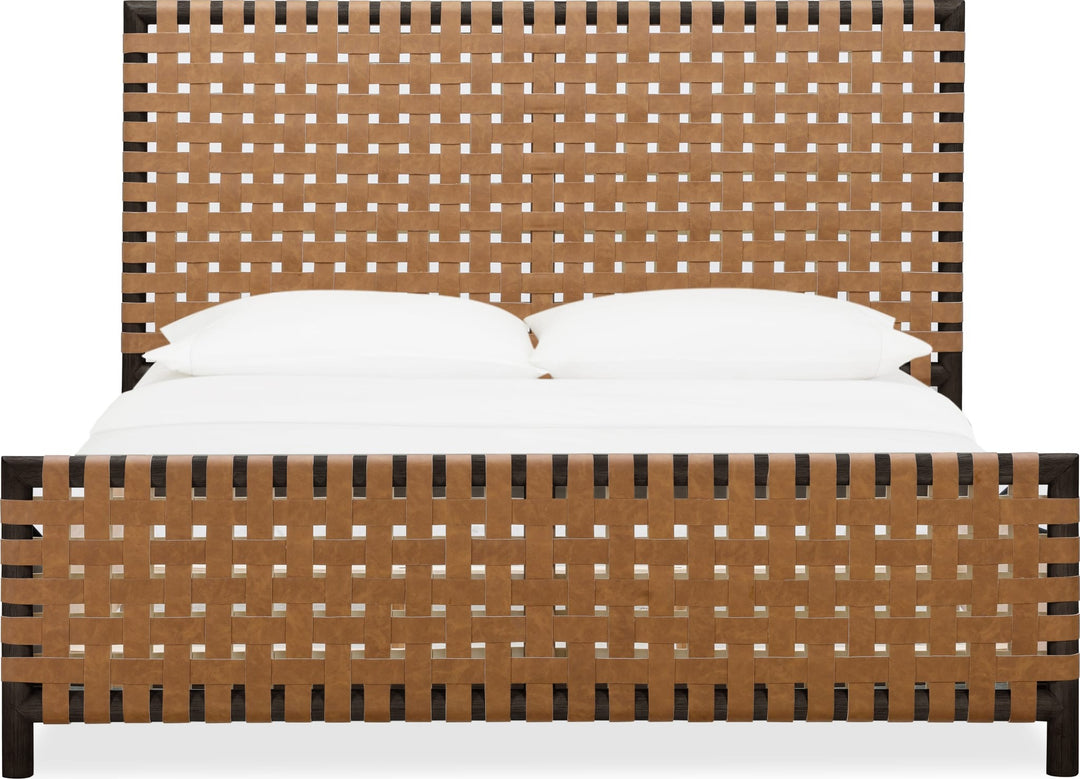 Dorsey Woven Panel Bed in Basalt Grey and Ginger — white background, front view with bedding