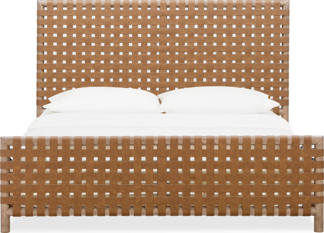Dorsey Woven Panel Bed in Granola and Ginger — white background, front view with bedding