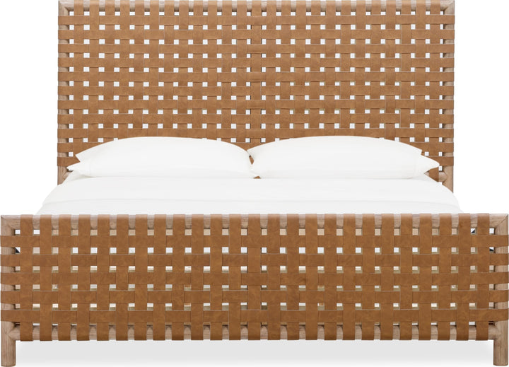 Dorsey Woven Panel Bed in Granola and Ginger — white background, front view with bedding