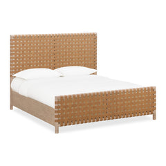 Dorsey Woven Panel Bed by Modus in Granola and Ginger — white background, angled view with bedding