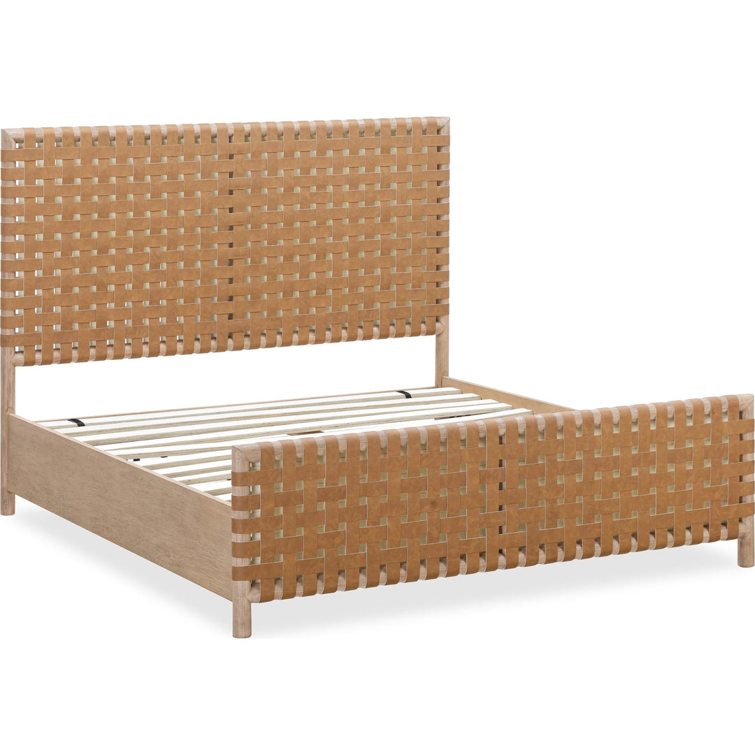 Dorsey Woven Panel Bed in Granola and Ginger — angled view without mattress showing slats