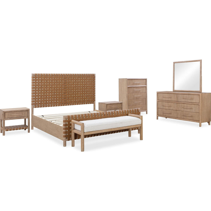 Dorsey Woven Panel Bed in Granola and Ginger with Dorsey nightstand, chest, dresser and bench — white background