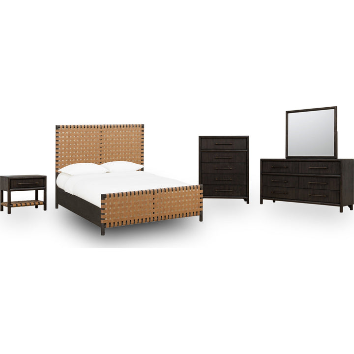Dorsey Woven Panel Bed in Basalt Grey and Ginger with Dorsey nightstand, chest and dresser — white background