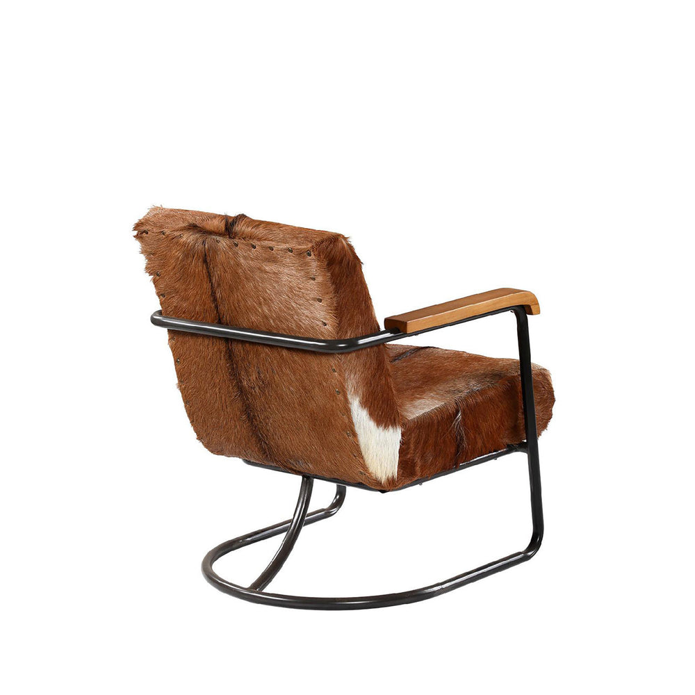 Vistell Brown Cow Hide Steel Lounge Chair, back three quarter view